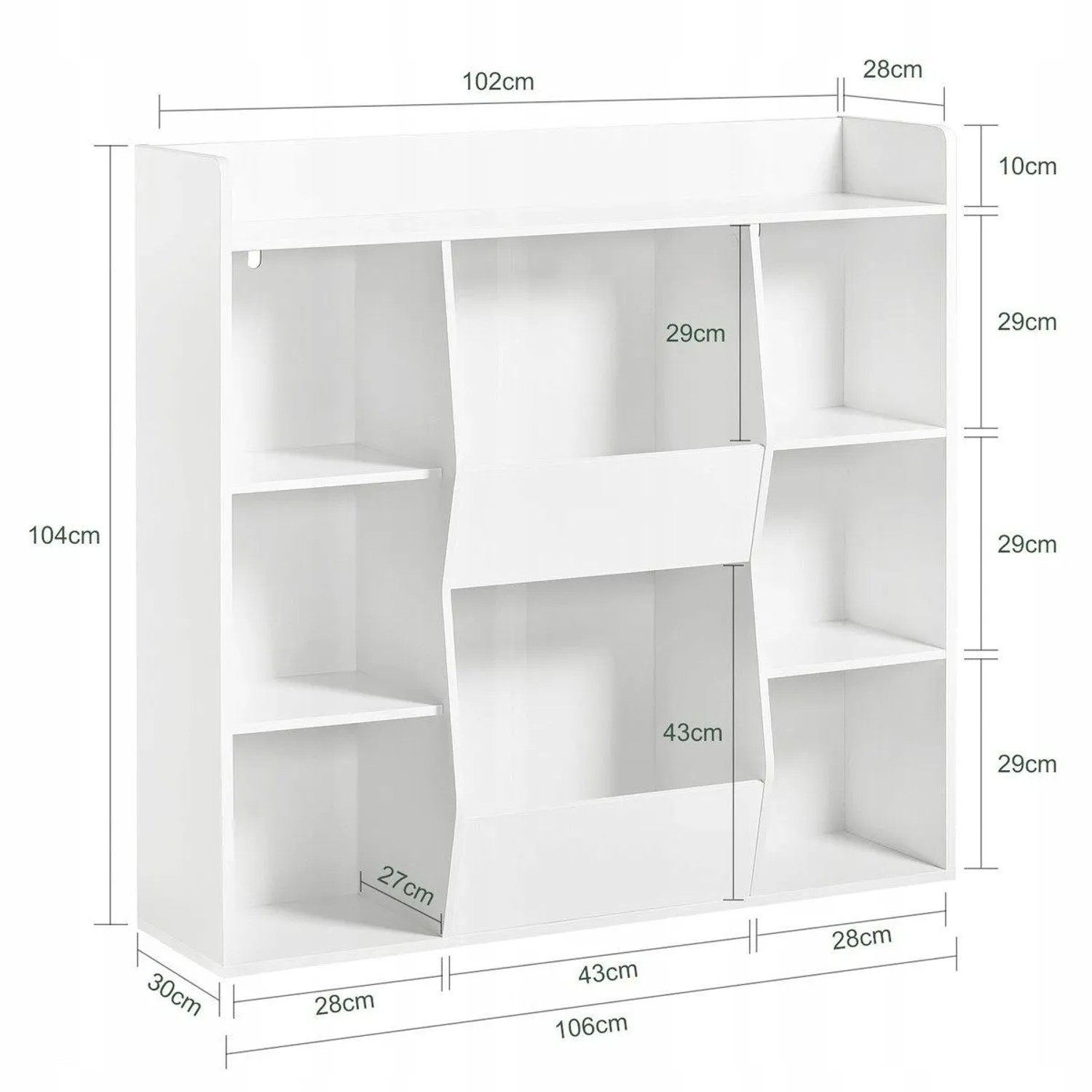 Weißes, offenes Regal mit Fächern für Bücher, Ordner und Deko. Modernes Design für Büro und Wohnraum.