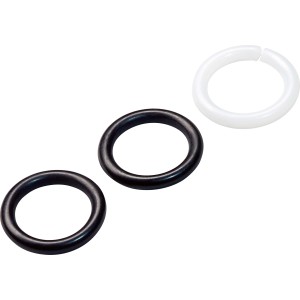 Dichtungs-Set für Ausläufe: 2 schwarze Gummi-Ringe und 1 weißer Kunststoff-Ring.