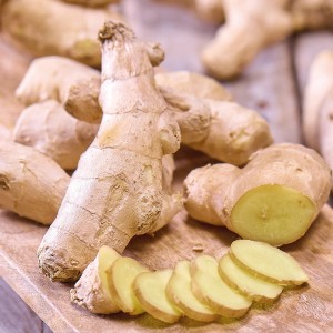 Frischer Ingwer (Zingiber officinale) auf Holzbrett, geschnitten und ganz.