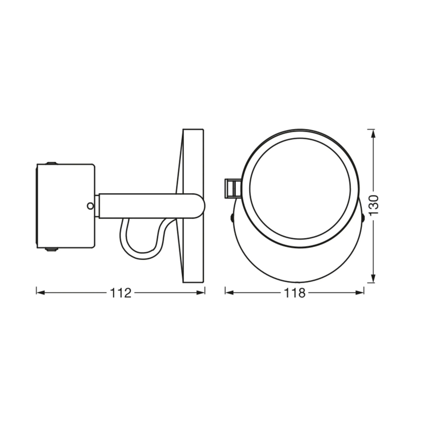 Skizze der Ledvance Sun@Home Smart+ Badleuchte, silber, Ø 11cm, mit Maßen.