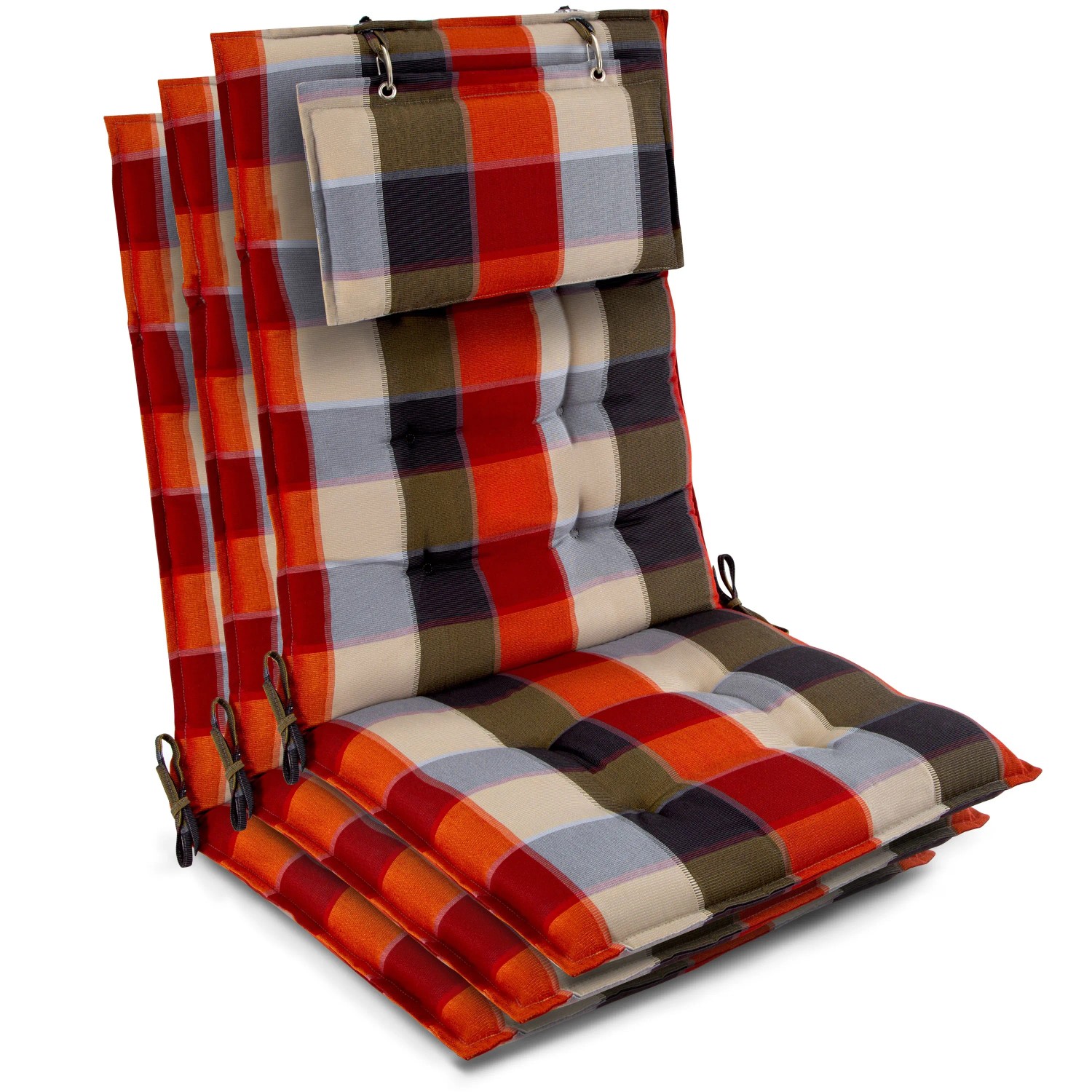 Beautissu 3er Set Sun-HL Hochlehner Auflage 120x50x8cm Orange-Beige-Kariert