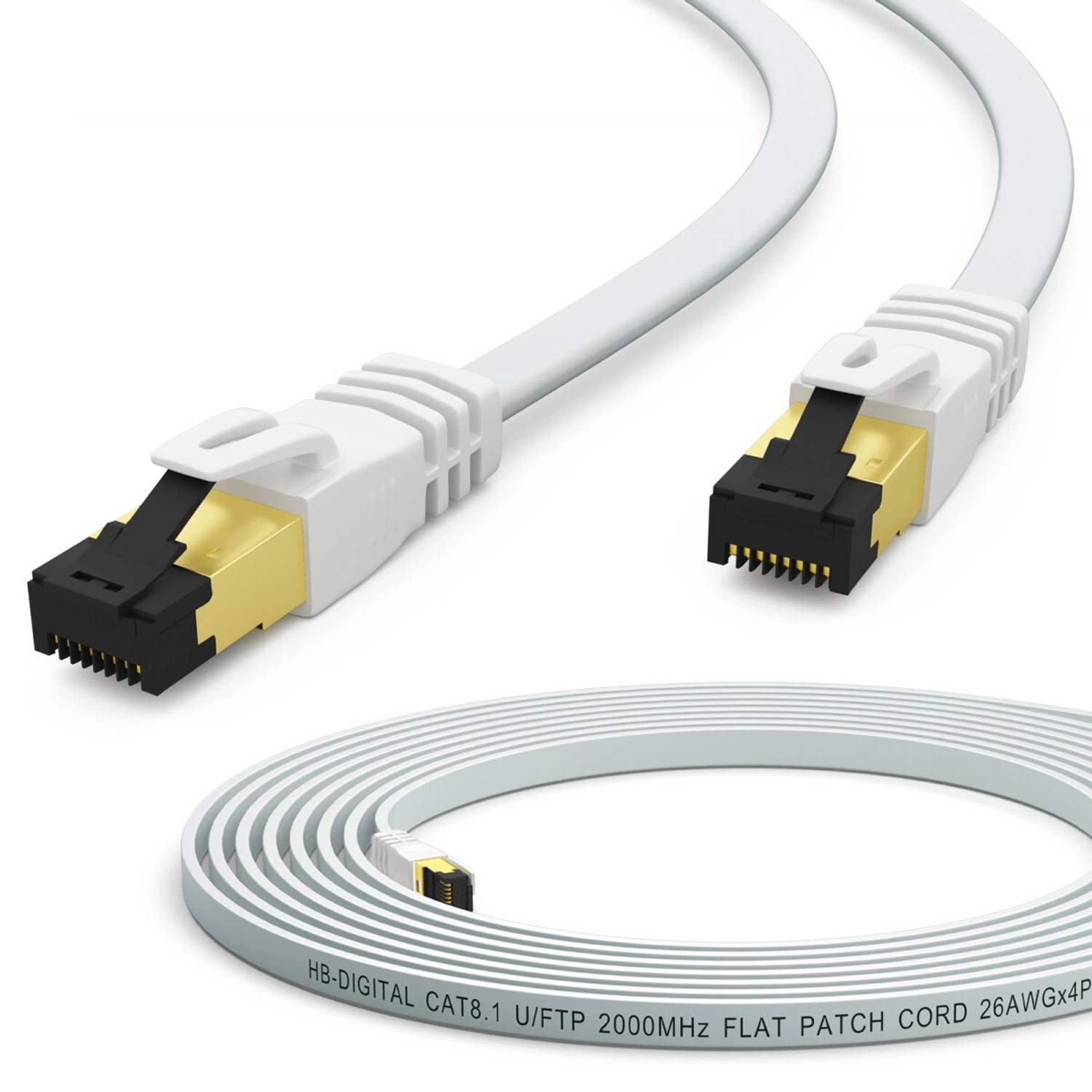 hb-digital Netzwerkkabel 2m Flach CAT 8.1 RJ45 U/FTP PVC 40Gbps 2000 MHz Reines Kupfer Weiß