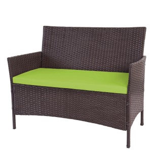 MCW Poly-Rattan Gartenbank Hamar, braun-meliert, mit leuchtend grünem Sitzkissen und Armlehnen.