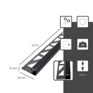 Dalsys Fliesenschiene, Edelstahl schwarz, 2,5m, quadratisches Eckprofil für Fliesenkanten.