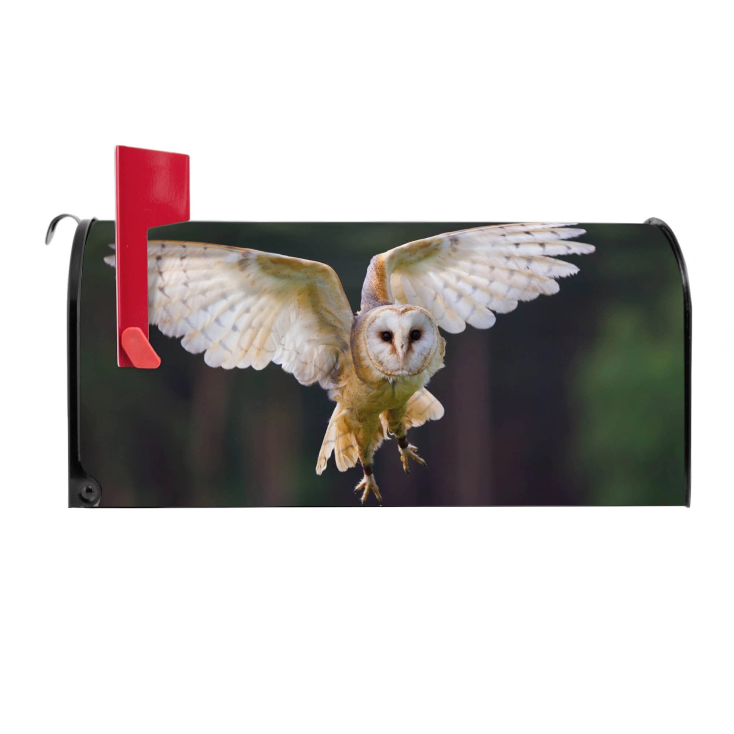 Schwarzer Banjado US Briefkasten mit Schleiereulen-Motiv und roter Fahne.