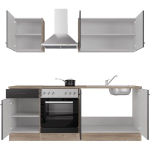 Flex-Well Küchenzeile Capri 210 cm, schwarz matt und Endgrain Oak Dekor, mit E-Geräten und Spüle.