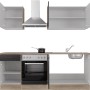 Flex-Well Küchenzeile Capri 210 cm, schwarz matt und Endgrain Oak Dekor, mit E-Geräten und Spüle.
