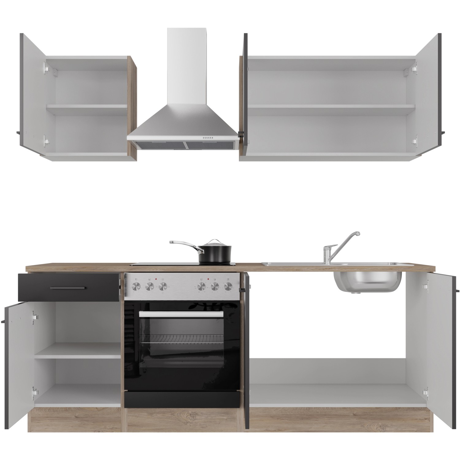 Flex-Well Küchenzeile Capri 210 cm, schwarz matt und Endgrain Oak Dekor, mit E-Geräten und Spüle.