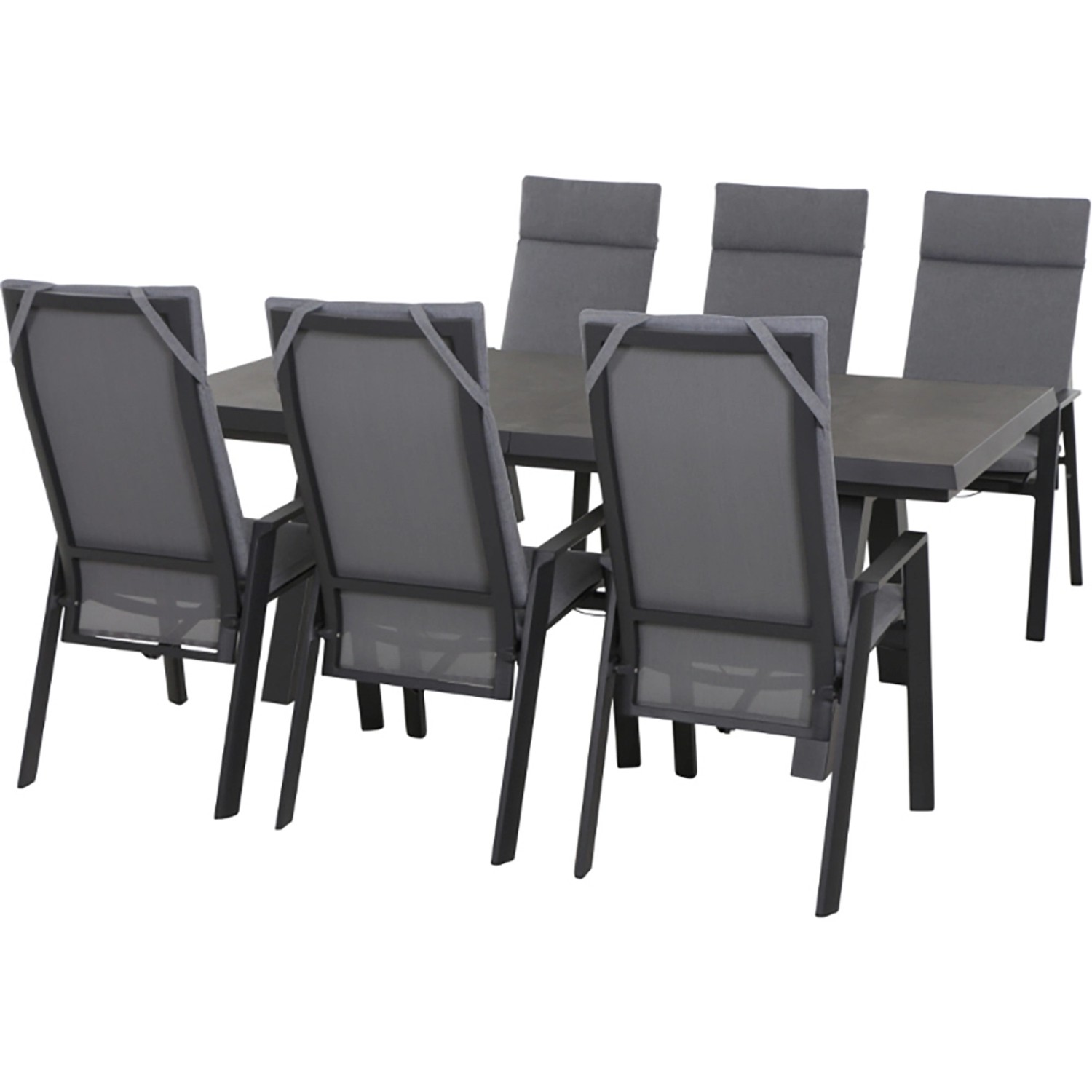 Siena Garden Valencia Dining Set mit 6 anthrazitfarbenen Gartenstühlen und Tisch.
