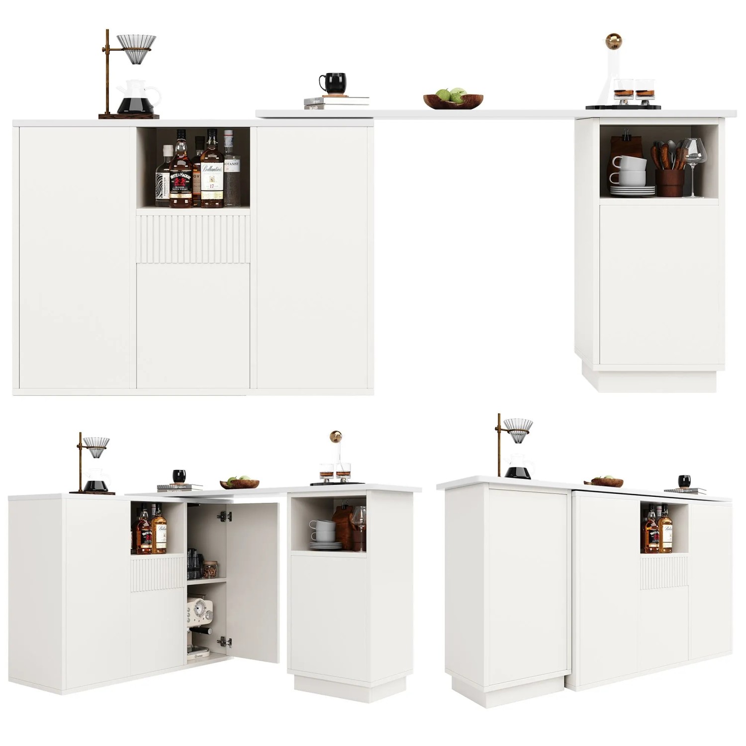 okwish Bartisch Drehbar mit Offenem Stauraum und Marmor-Arbeitsplatte 210 × 30 cm Weiß