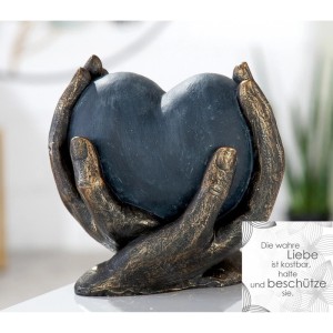 Gilde Skulptur Herz in Händen, bronzefarben-grau. Dekorative Figur mit Spruchkärtchen, 15 cm hoch.