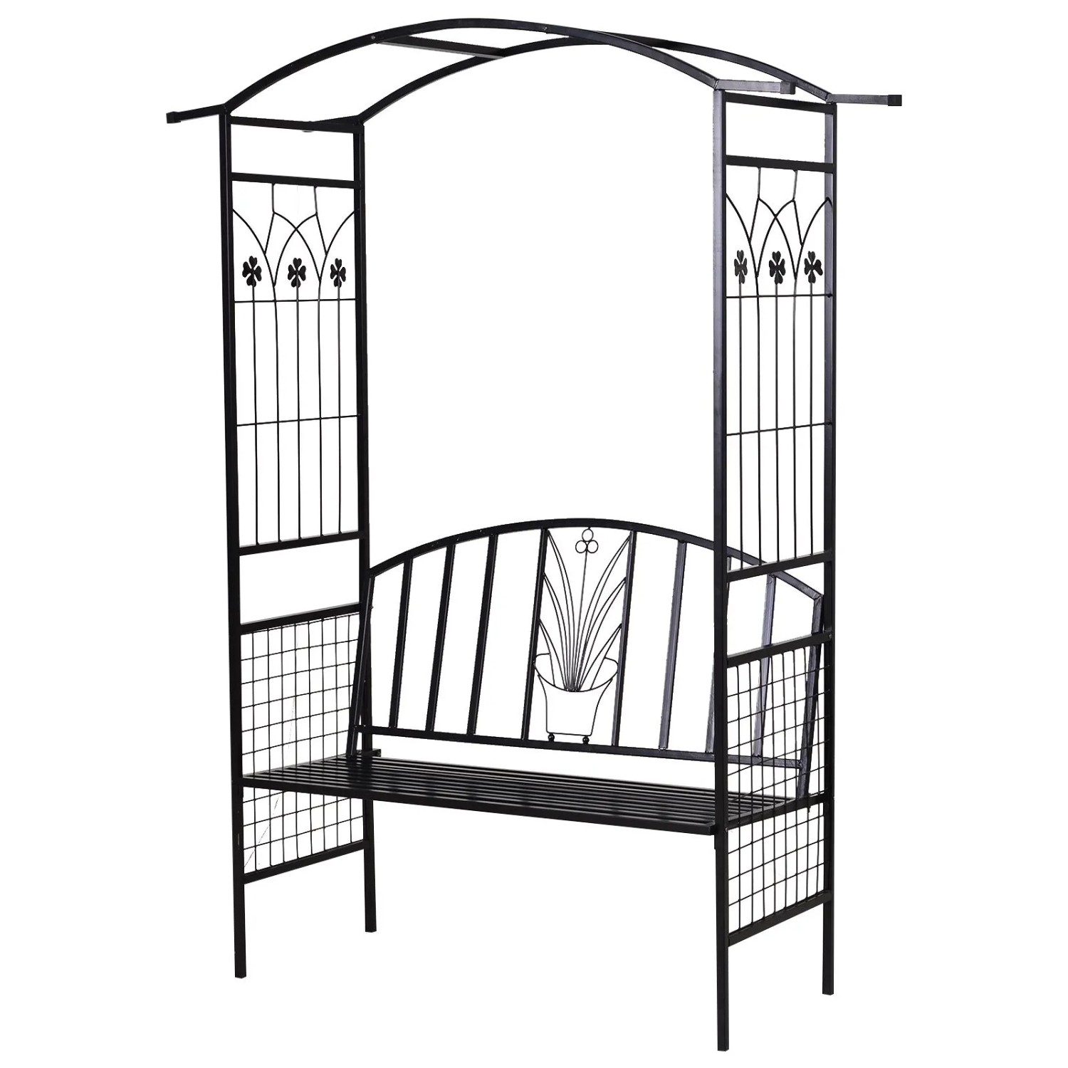 Furnicato Pflanzbogen Mit Bank Sitzbank Torbogen Rankgitter Rankhilfe Garten Bogendach Metall Schwarz 154 X 60 X 205 Cm