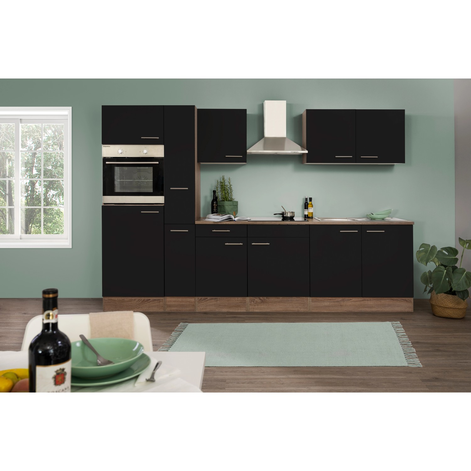 Respekta Küchenzeile/Küchenblock KB300EYS 300 cm Schwarz Seidengl.-Eiche York Nachbildung