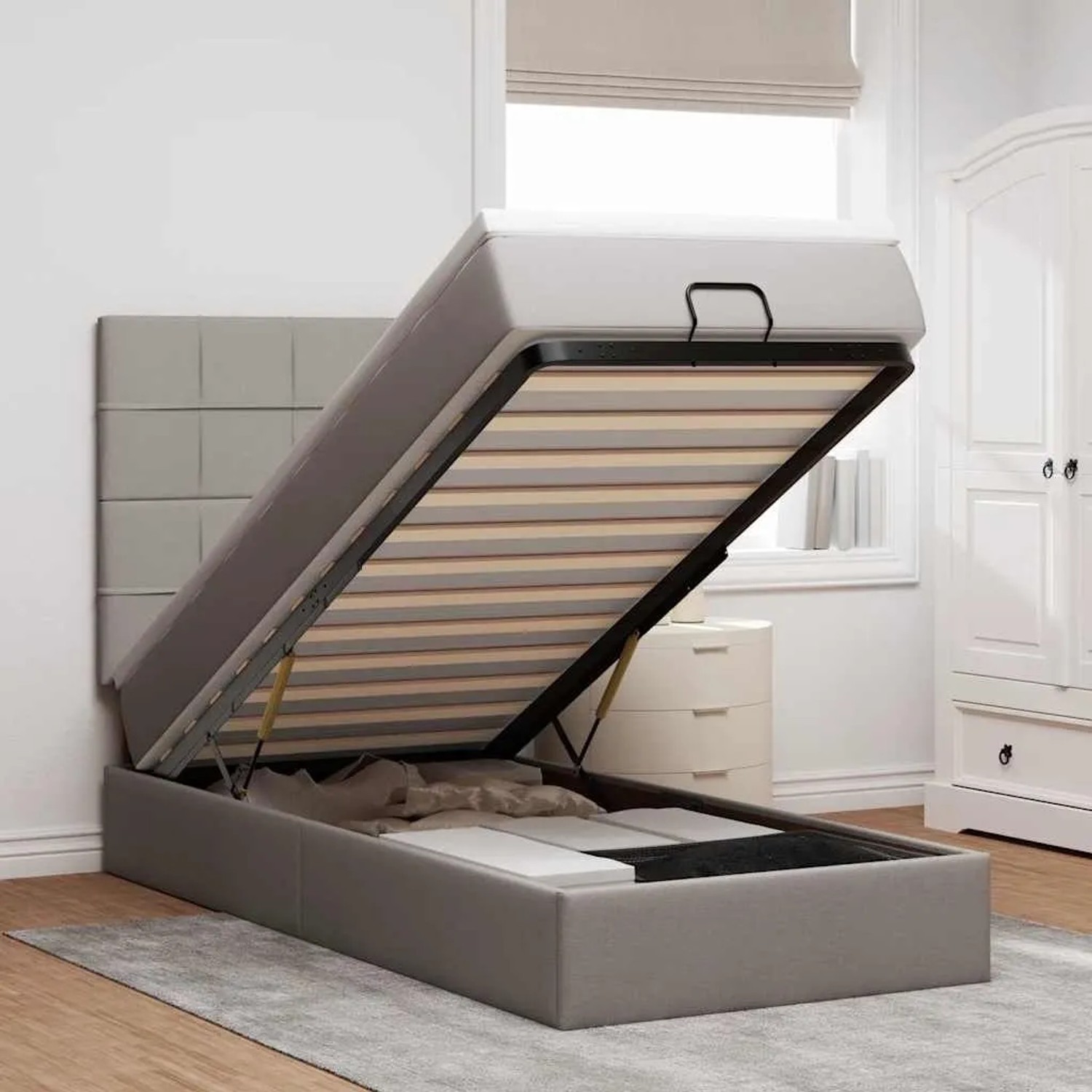 vidaXL Ottoman-Bett mit Matratze & LEDs Taupe 100x200 cm Stoff 3313986