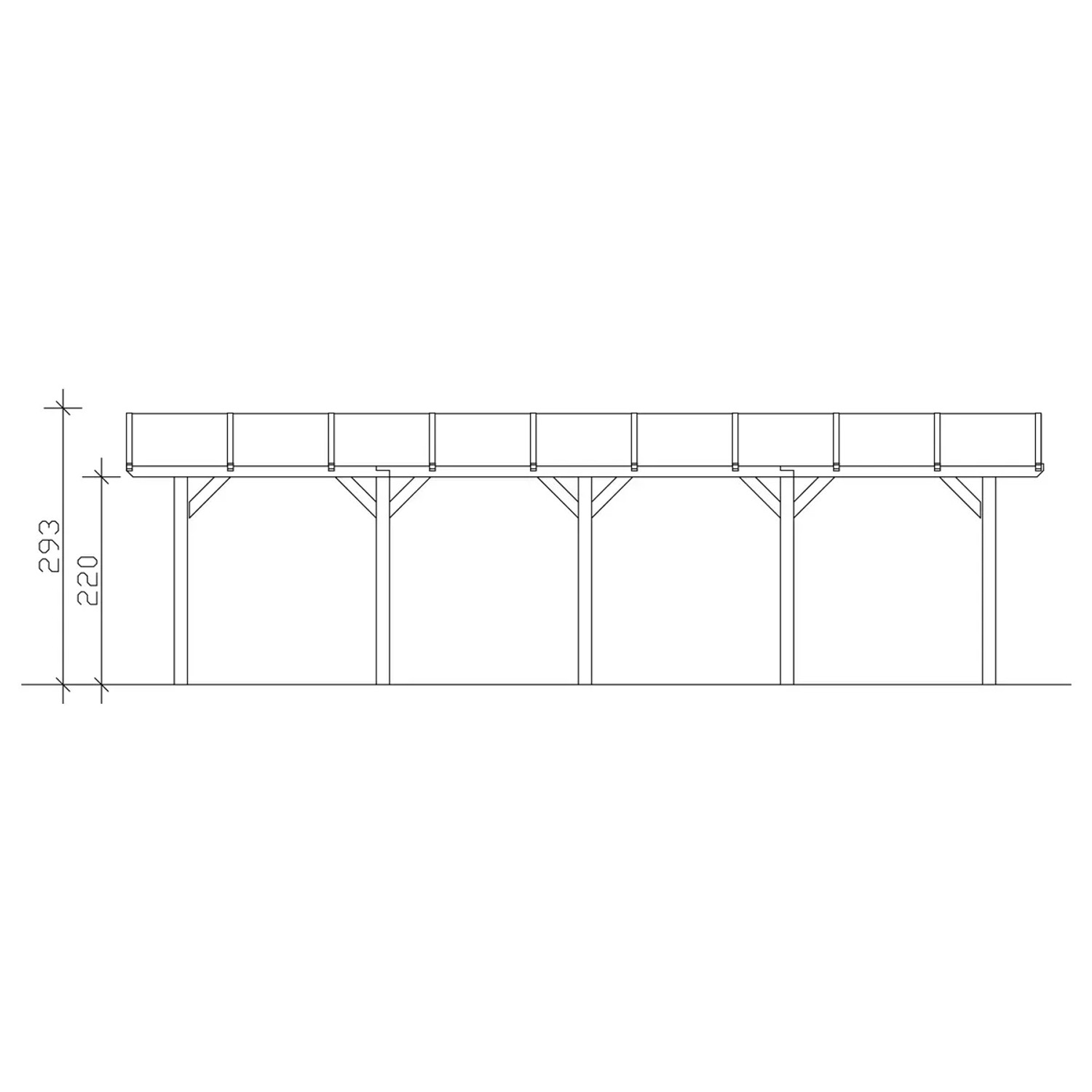 Technische Zeichnung: Skan Holz Bogendach-Carport Franken, Seitenansicht mit Höhenangaben.