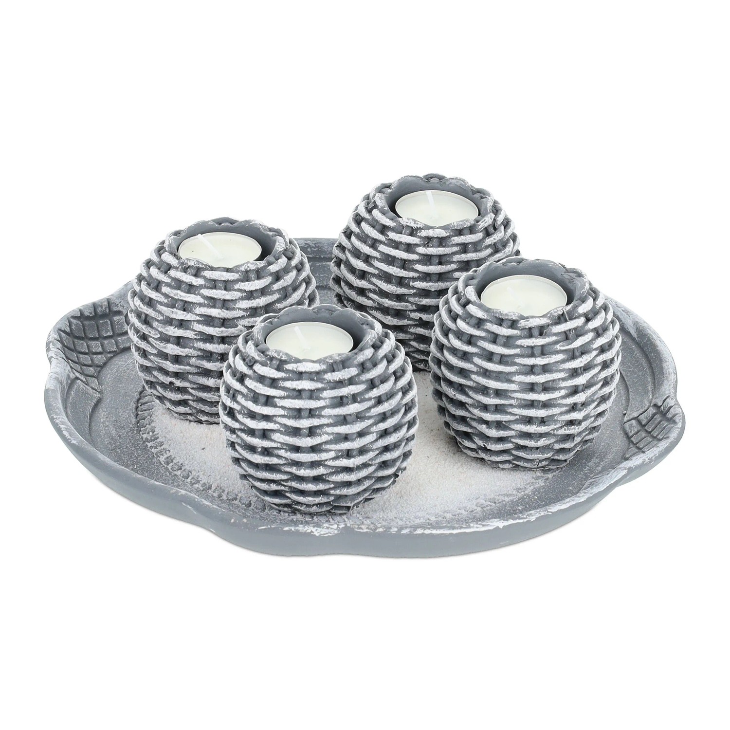 Relaxdays Kerzentablett Polyresin Sand Echtwachs Grau Weiß 4 Teelichthalter 27,5 cm x 8 cm 1,5 kg