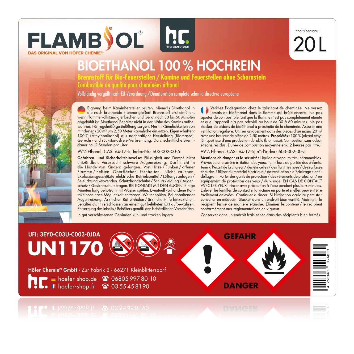 2 Kanister Flambiol Bioethanol 100% Hochrein, je 20l, für Kamine & Feuerstellen.