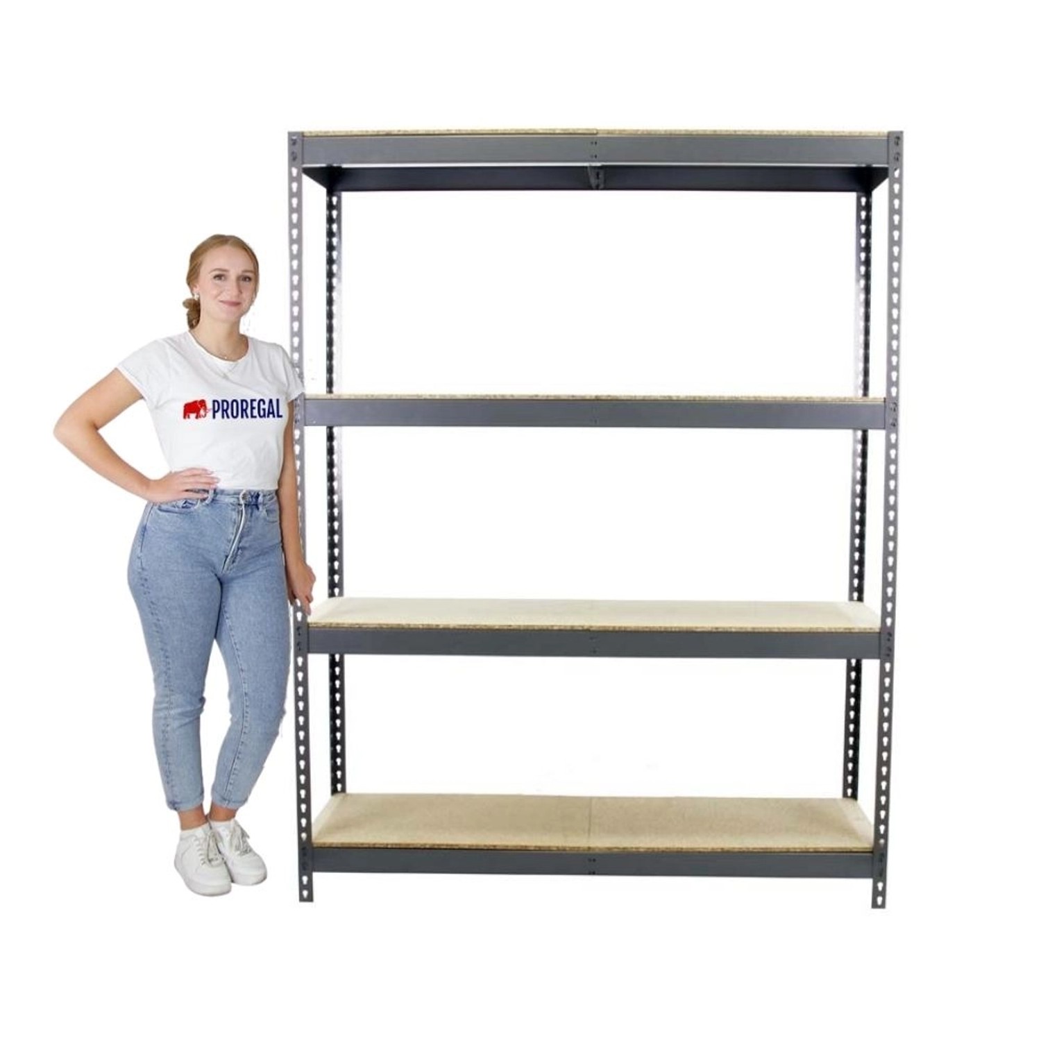 Graues PROREGAL Schwerlastregal Big Wood Yeti mit vier Böden, 200x120x45 cm, Fachlast 400 kg.