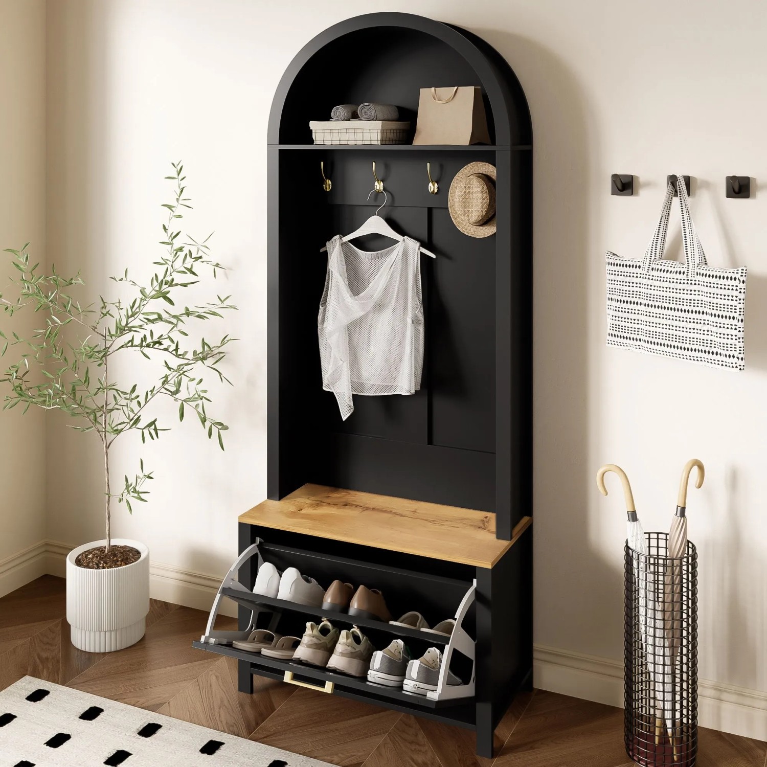 Schwarzes Garderoben Set mit Holzbank, Schuhregal und Haken für den Eingang. Praktische Flur-Aufbewahrung 75x195cm.