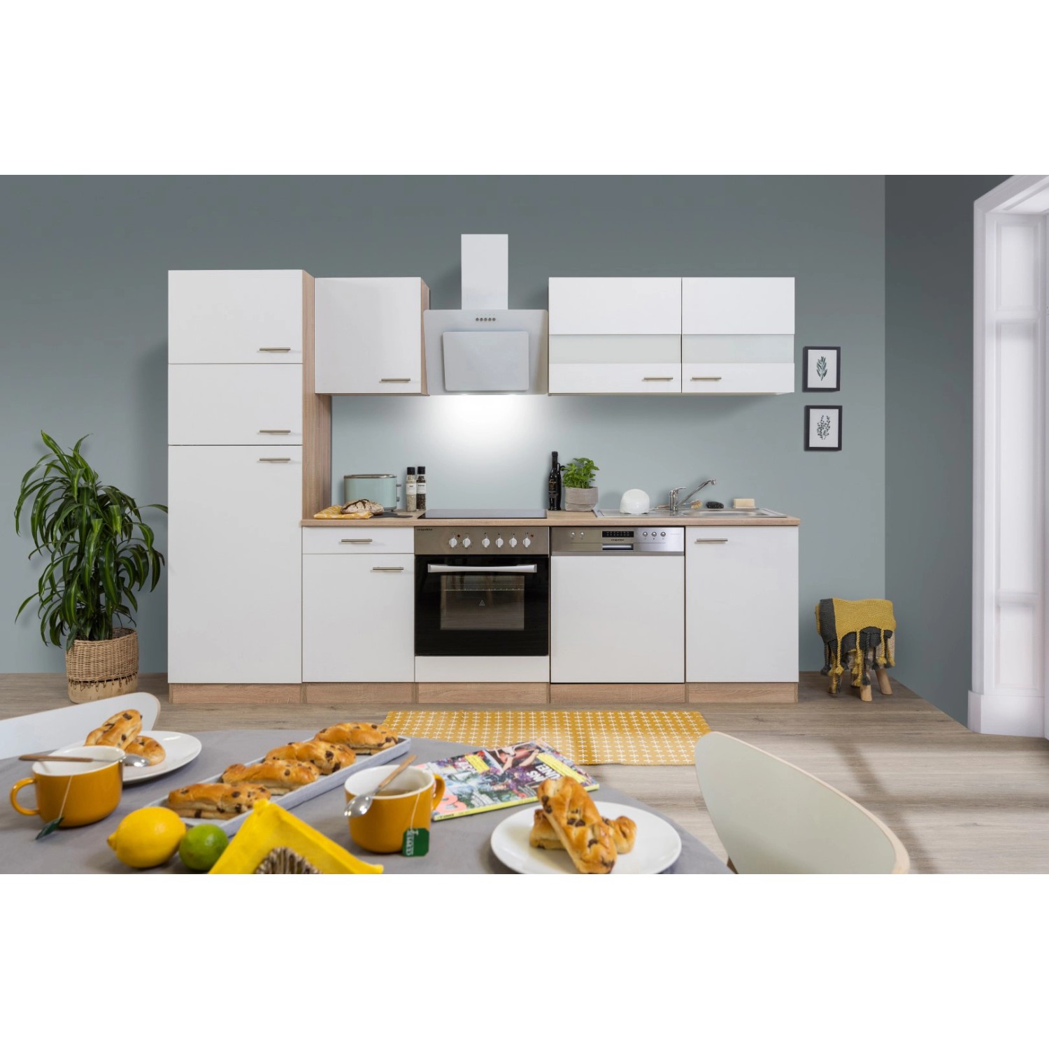 Respekta Küchenzeile/Küchenblock KB280ESWCGKE 280 cm Weiß-Eiche Sägerau Nachbildung