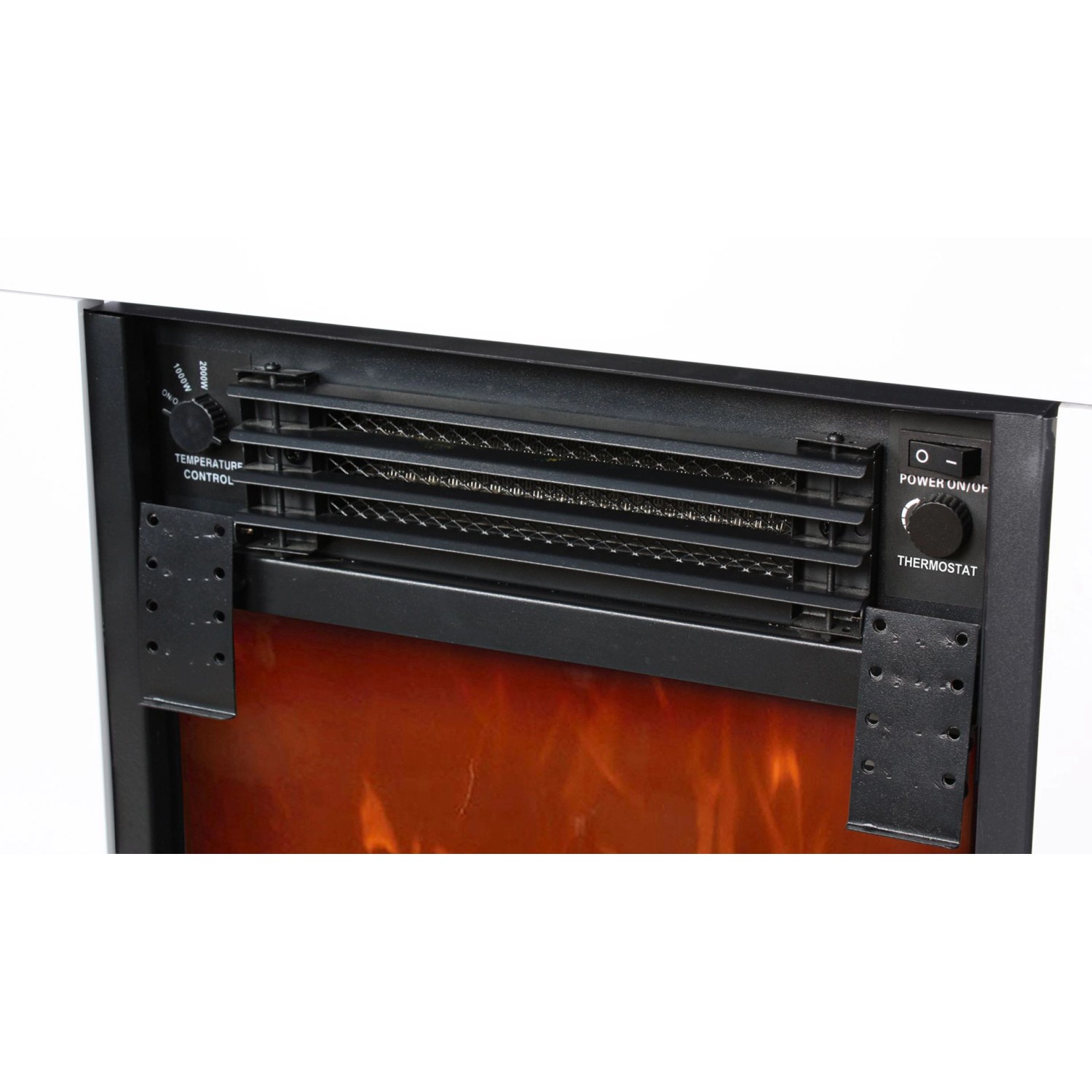 Detailaufnahme des El Fuego Elektrokamin Malmö Weiß mit Bedienelementen für Temperatur und Thermostat.