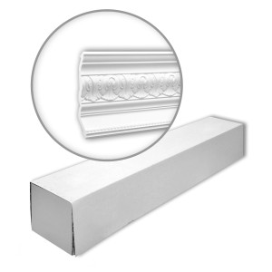 Verpackung der PROFHOME Eckleisten, 4 Stuckleisten (8 m) im Set, weiße Deckenleiste mit Neo-Klassizismus Design.