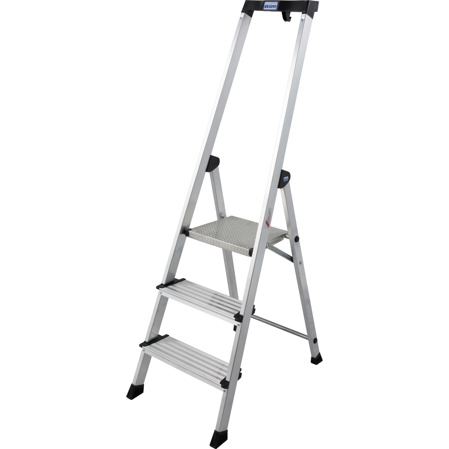 Krause Stehleiter Safety Plusline mit 3 Stufen, Aluminiumleiter mit Sicherheitsbügel und Anti-Rutsch-Stufen.