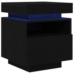 Zwei schwarze vidaXL Nachttische aus Holzwerkstoff mit Schublade, Regal und LED-Beleuchtung.