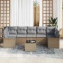 Beiges 8-teiliges vidaXL Garten Sofa Set aus Rattan mit grauen Kissen.