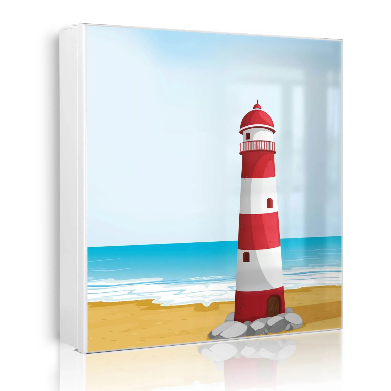 Banjado Großer Schlüsselkasten Metall 30x30cm Weiß Scharnier Links 50 Haken Beschreibbar Magnetisch Motiv Leuchtturm Illustration