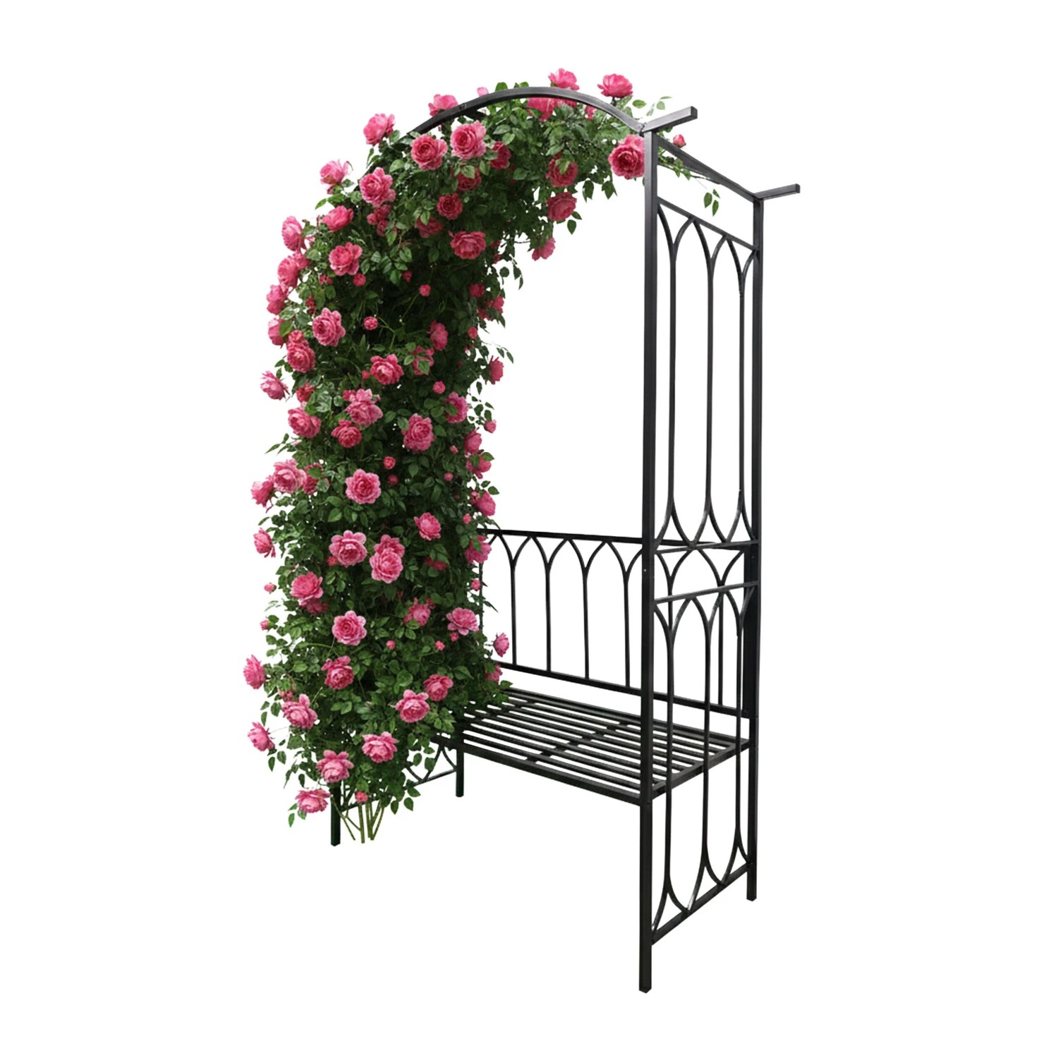 Relaxdays Rosenbogen Metall Schwarz mit Bank 210 cm x 134 cm x 48 cm