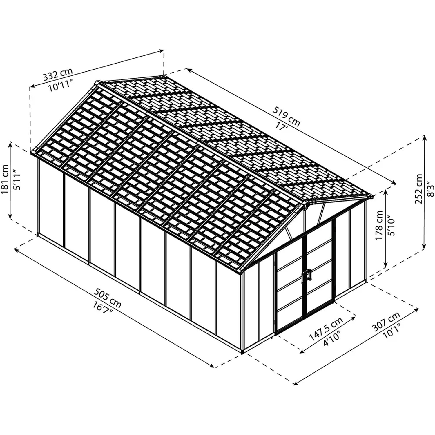 Skizze des Palram Metall-Gerätehauses Yukon 17,2 m² in Anthrazit mit Maßangaben.