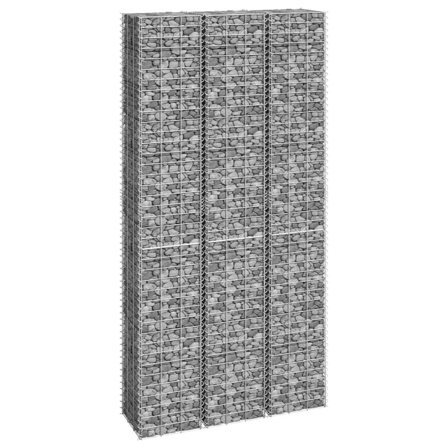 3er Set Gabionen-Hochbeete aus Eisen, gefüllt mit Steinen. Ideal für Garten und Terrasse.