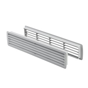 Lichtgraues MS Beschläge Türgitter aus Kunststoff zur Raumbelüftung.