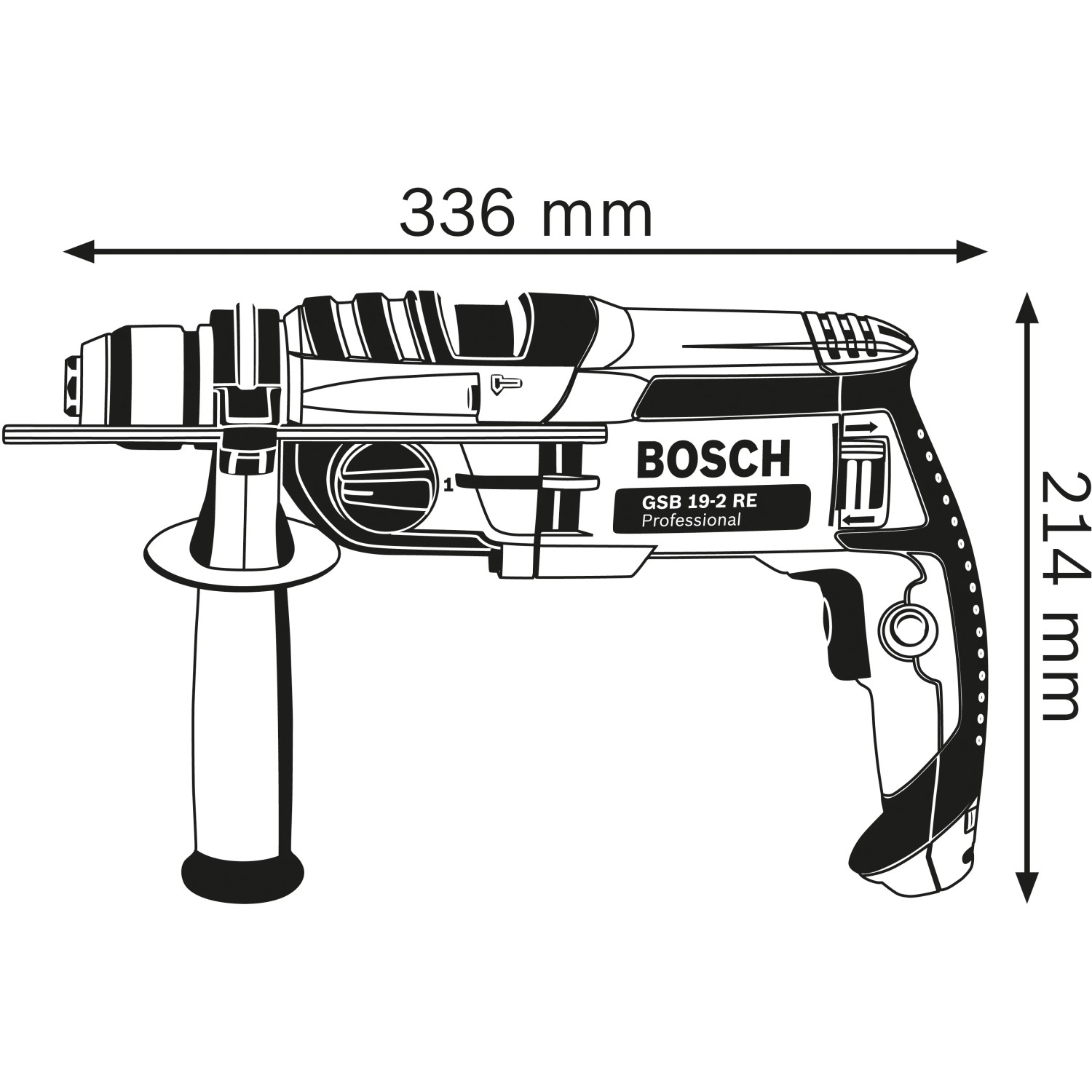 Skizze der Bosch Professional GSB 19-2 RE Schlagbohrmaschine mit Maßangaben.