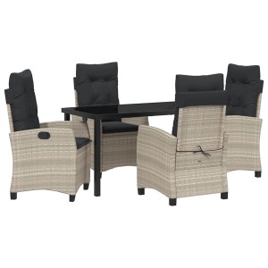 5-teiliges Gartentischset aus Poly Rattan in Hellgrau mit Tisch und vier Stühlen mit grauen Kissen.