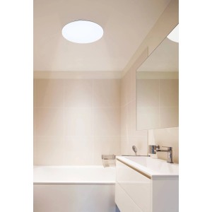 Weiße EGLO LED-Deckenlampe FRANIA, Ø 330mm, im Badezimmer. Spritzwassergeschützt und ideal für Feuchträume.