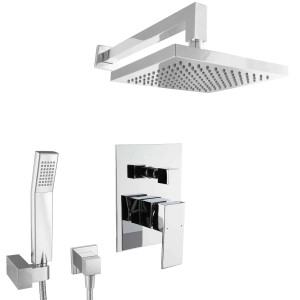 Eckiges PaulGurkes Unterputz Regenduschen-Set komplett mit Kopf- und Handbrause, Armatur und Schlauch.