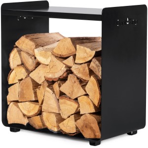 CookKing Kaminholzregal Fuego 50, Stahl, schwarz, gefüllt mit Holzscheiten.