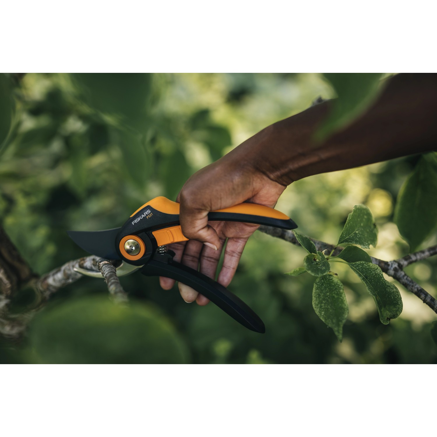 Fiskars Bypass-Gartenschere Plus P521 im Einsatz beim Schneiden eines Astes.
