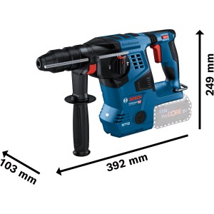 Bosch Professional Akku-Bohrhammer GBH 18 V-28 CF mit Staubabsaugung, Akkus und L-Boxx. Abmessungen werden angezeigt.