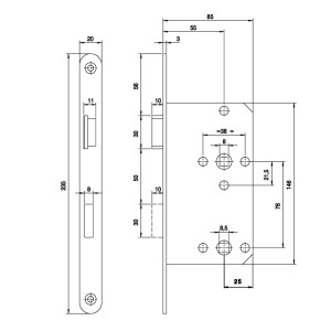 Technische Zeichnung WC-Schloss gefälzt DIN rechts, Maße in mm.