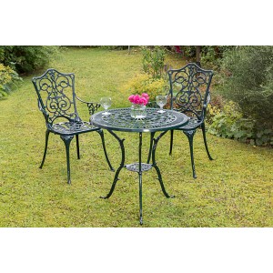 Grüne 3-teilige Gartenmöbelgruppe Lugano aus Aluminium in Gusseisenoptik mit Tisch und 2 Stühlen.