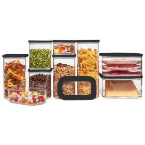 Mepal Modula Vorratsdosen-Set, 9-teilig, schwarz, mit Pasta, Müsli, Käse und Aufschnitt gefüllt.