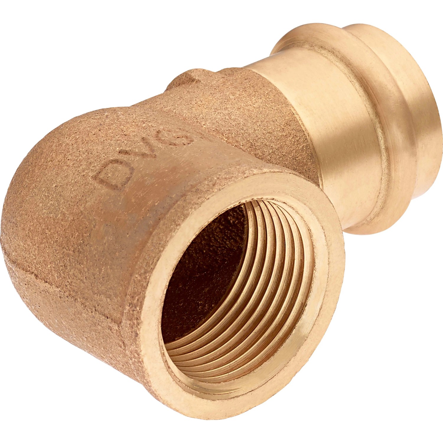 90-Grad-Presswinkel aus Rotguss, 28 mm x 30,3 mm (Rp 1), für Kupferrohr-Installationen.