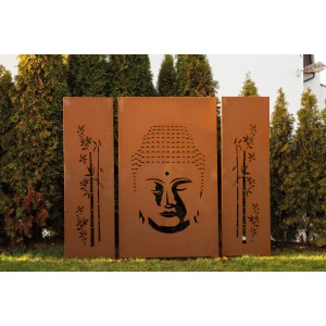 Ferrum Art Sichtschutzwand Buddha Rost, dreiteilig, mit Buddha- und Bambusmotiven.