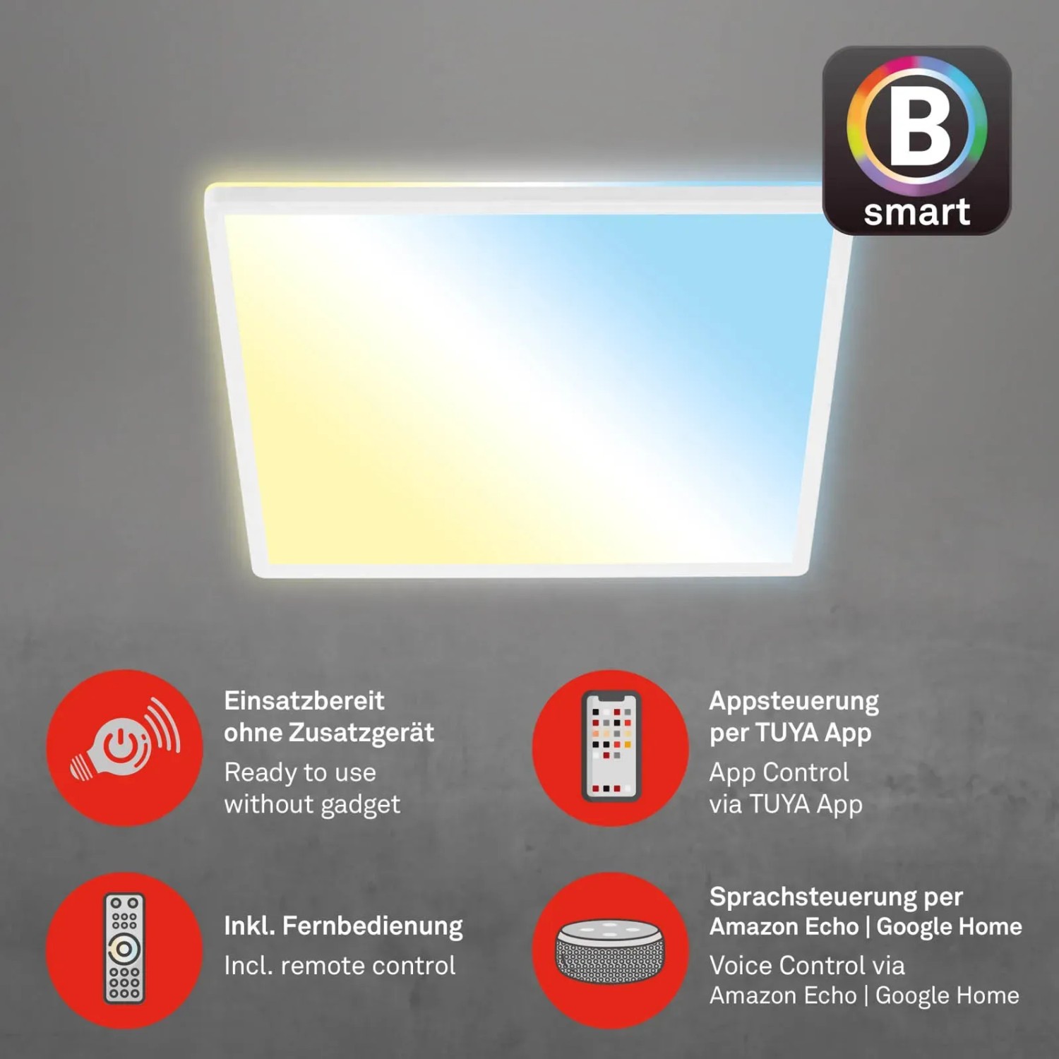 Weiße Brilo WiFi LED Deckenleuchte Slim Smart, steuerbar per App und Sprache, 42x42 cm.