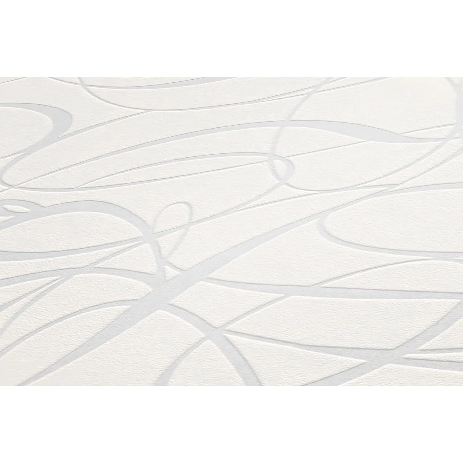 Weiße Vliestapete mit geschwungenen Linien in Silber-Optik für Wohnräume.