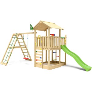 Jungle Gym Spielturm Chateau mit Schaukel, Kletterbock und Rutsche in Hellgrün.