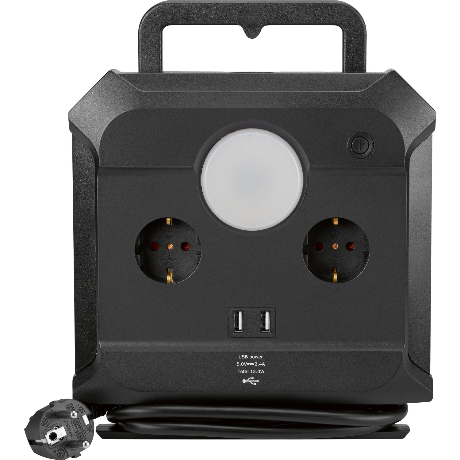 Schwarze Kabeltrommel mit USB, Leuchte und 2 Schuko-Steckdosen, 1,4 m Kabel.